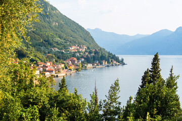 Mountain landscape, picturesque mountain lake in the summer morning, panorama, landscape with fabulous lake view from the top of the mountain.