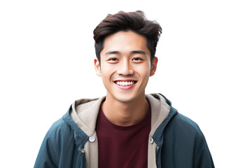 Portrait of smiling Asian teenage boy isolated on transparent background.