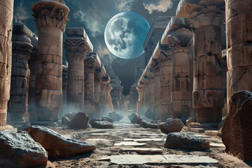Explore the mysterious and atmospheric moonlit ancient temple ruins in the desert, featuring historical architecture, carved pillars, and unearthly atmosphere, perfect for adventure and exploration - obrazy, fototapety, plakaty