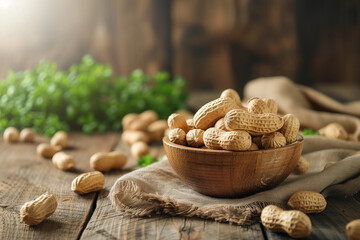 Wooden bowl of peanuts on table - Powered by Adobe