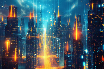 Obraz premium Illustrative concept of a modern city intertwined with digital data streams and lights