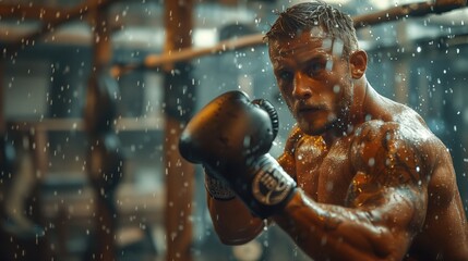 A muscular man training with a heavy bag in a gym, intense focus, sweat glistening, gym environment with various equipment in the background, movement and strength, dramatic lighting