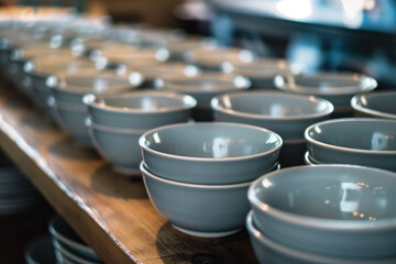 Rows of bowls on wooden shelf