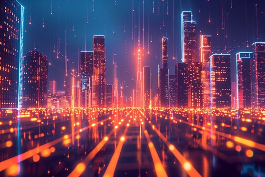 Digital illustration of a vibrant, neon-lit city at night, depicting a high-tech urban landscape