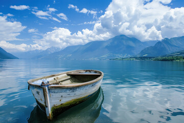 Naklejka na ściany i meble Lone boat drifting on a peaceful lake