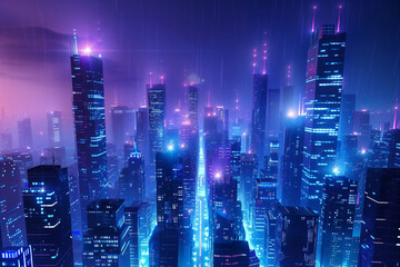 Vibrant, futuristic city skyline with neon illumination in the rain, evoking a cyberpunk aesthetic