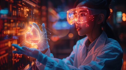 a scientist in a white lab coat with an futuristic glass Vision headset controlling molecules in the air and exploring how they combine in a futuristic 3D hologram 