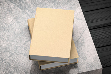 Two beige books hardcover. Book Bestseller Mockup on marble on dark wooden table background, 3d...