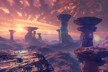 Surreal landscape depicting a sunrise with unique rock formations on an alien world - obrazy, fototapety, plakaty