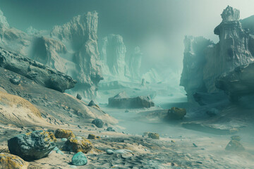Serene, atmospheric alien landscape featuring towering rock formations amidst a foggy ambience - obrazy, fototapety, plakaty