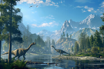 Digital art of peaceful dinosaurs beside a mountain lake under a clear sky - obrazy, fototapety, plakaty