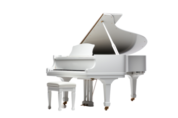 White piano and notes with grand piano keys. Isolated on a transparent background.
