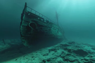 Gordijnen Haunting image of an old shipwreck lying on the ocean floor, enveloped in a serene, deep-sea ambiance © Татьяна Евдокимова
