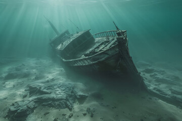 Eerie yet tranquil underwater scene featuring a ghostly sunken ship on the ocean floor - obrazy, fototapety, plakaty