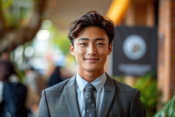 Fototapeta premium asian man in Business suits, smile, stands with a folder of papers in office area