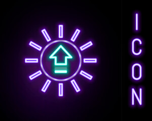 Glowing neon line Sunset icon isolated on black background. Colorful outline concept. Vector