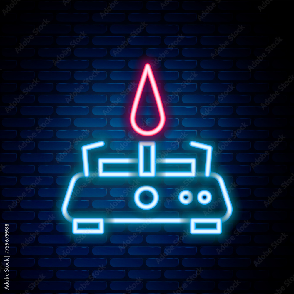 Poster glowing neon line camping gas stove icon isolated on brick wall background. portable gas burner. hik