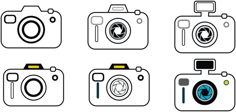 Photo Camera line art Set icon in Realistic design. Professional photography equipment. Black camera with lens and button. Creative design isolated on white background