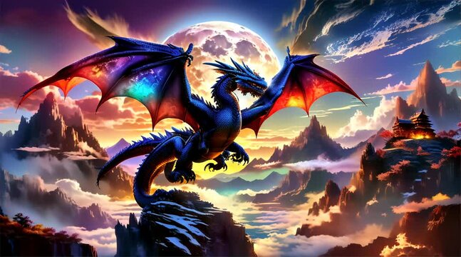 A majestic dragon soars over a mystical landscape with mountains and a traditional pagoda, set against a dramatic moonlit sky, perfect for fantastical storytelling.