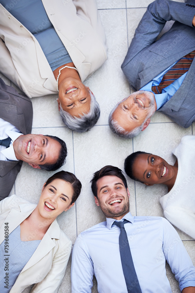 Poster Floor, circle and portrait of business people with smile for team building, collaboration and support. Professional employees, diversity and happy with trust, solidarity and partnership from above