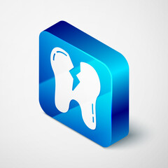 Isometric Broken tooth icon isolated on grey background. Dental problem icon. Dental care symbol. Blue square button. Vector