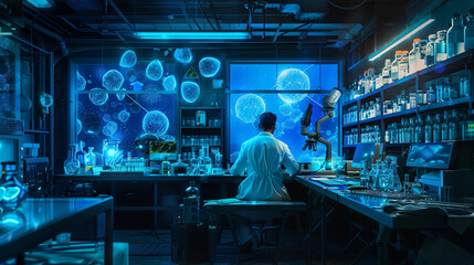 A laboratory filled with the soft glow of bioluminescent organisms, as a scientist in a white coat observes their behavior under controlled conditions. 8K