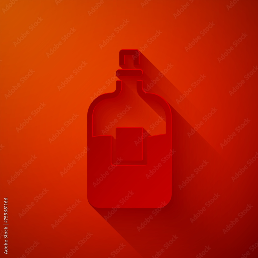 Sticker paper cut glass bottle of vodka icon isolated on red background. paper art style. vector