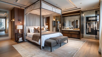 Modern style large bedroom with a canopy bed and a dressing area complete with a mirrored wardrobe and a makeup vanity