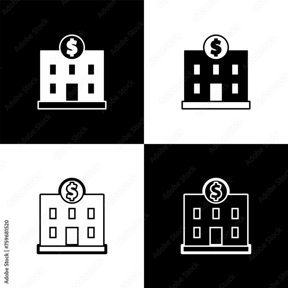 Poster Set Bank building icon isolated on black and white background. Vector