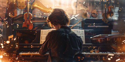A musician is deeply immersed in playing the piano, surrounded by floating violins and warm light