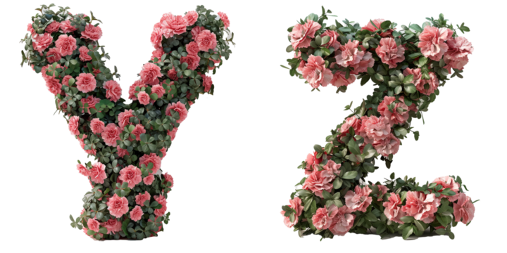  Carnation Alphabet Display: Pink carnations forming letters Y, Z on transparent background