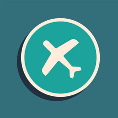 Green Plane icon isolated on green background. Flying airplane icon. Airliner sign. Long shadow style. Vector
