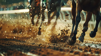 Racehorses and jockeys compete at finish line. Blurred motion background to emphasize speed. Bet concept. Generative AI - obrazy, fototapety, plakaty