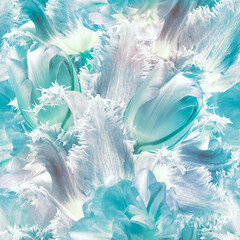 Seamless  turquoise  floral  background. Flowers tulips and petals. Close up. - 759681994