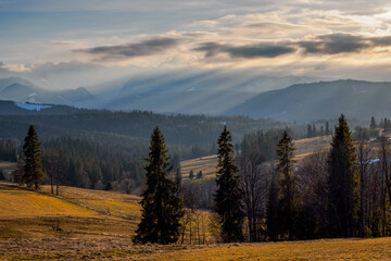Naklejka na ściany i meble Mountain landscape.. View of the Tatra Mountains from the Spisz. Lapszanka. Poland.