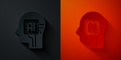 Paper cut Humanoid robot icon isolated on black and red background. Artificial intelligence, machine learning, cloud computing. Paper art style. Vector