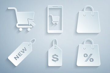 Set Price tag with dollar, Handbag, New, Shopping percent, Mobile shopping cart and cursor icon. Vector
