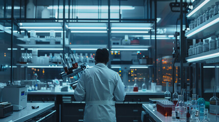 A scientist in a white lab coat, surrounded by shelves of chemicals and futuristic equipment, conducting experiments under precise conditions. 8K - obrazy, fototapety, plakaty