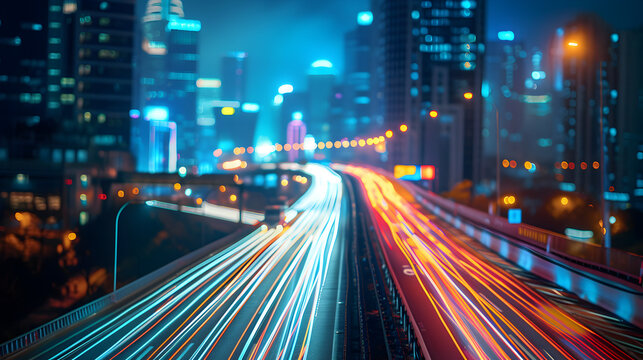 Cars lights on the road of modern city at night time. Timelapse, hyperlapse of transportation. Motion blur, light trails, abstract soft glowing lines