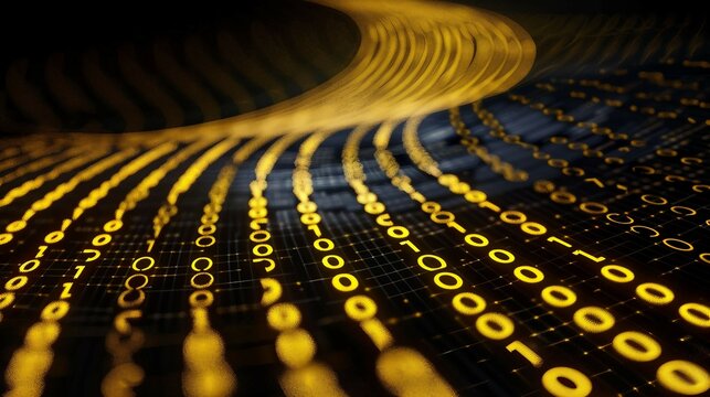 digital road illuminated by yellow matrix of binary code. digital winding road isolated on black background.
