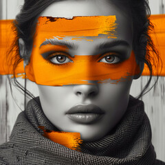 Fashion portrait of beautiful young woman with orange make-up and orange scarf