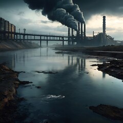 Factory pollution devastates river: murky, toxic waters. Urgent call for environmental protection
