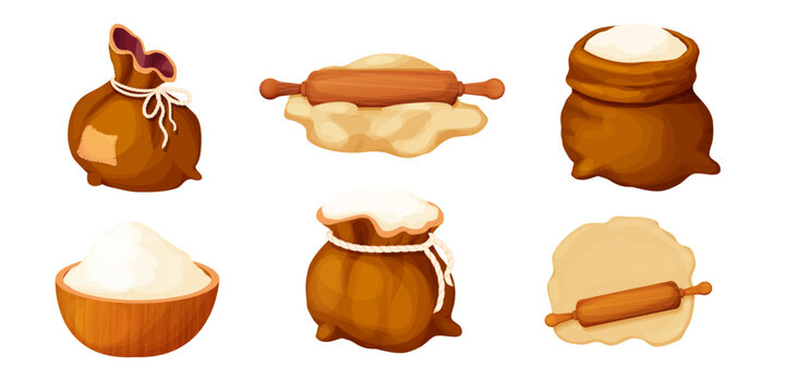 Set sack with flour, wheat powder, open bag with rope, dough with rolling pin and wooden bowl with powder farm harvest isolated on white background. Packaging 