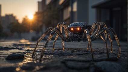 Roboter in Form einer Spinne krabbelt auf dem Boden mit leuchtenden Spinnenaugen