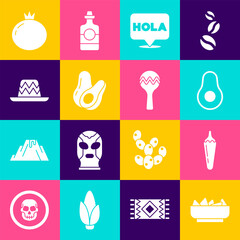 Set Nachos in bowl, Hot chili pepper pod, Avocado fruit, Hola, Mexican sombrero, Tomato and Maracas icon. Vector © vector_v