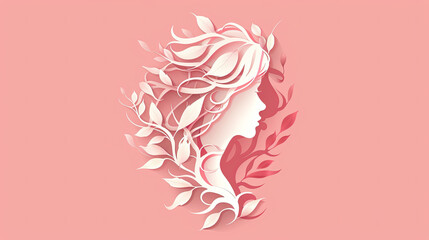 Fototapeta na wymiar logo of a woman with leaf hair art on pink background, for hair salons, haircutting, hairstyles