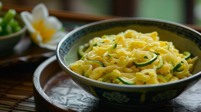 A traditional Chinese-style image featuring zucchini and egg noodles for a baby food recipe, set against a culturally rich background