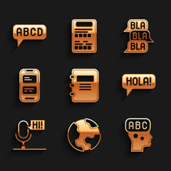 Set Notebook, Earth globe, Learning foreign languages, Hola different, Microphone voice device, Online translator, Speech bubble chat and Alphabet icon. Vector © vector_v