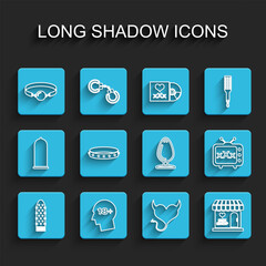 Set line Dildo vibrator, Head with 18 plus, Silicone ball gag, Devil heart horns, Sex shop building, Leather fetish collar, tv old television and Anal plug icon. Vector