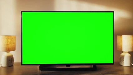 Stylish modern apartment interior with TV set with green screen. Living room at home with chroma key.